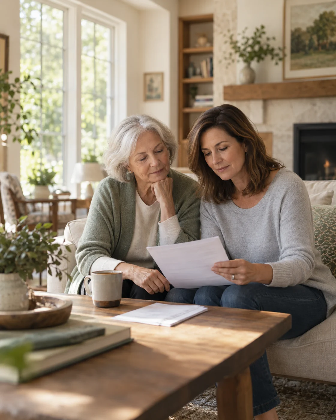 An older adult and a family member reviewing a plan together at home